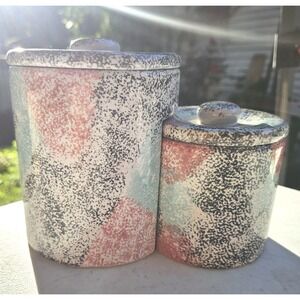 Rare Guyroc China Ceramic Canisters Set - Sponge Painted Gray Mint Pink Mid Cent